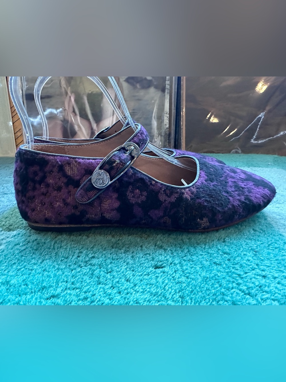 SOLD!! Fluevog Softly Pirouette purple floral wool silver buckle MJ flat- 7 - Picture 4 of 16